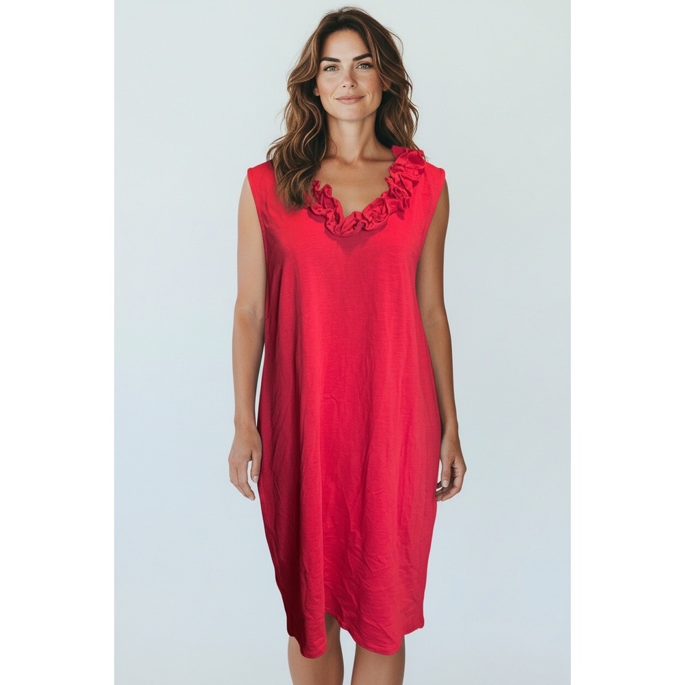 Talbots Womens Red Pink Ruffle V-Neck Sleeveless Cotton Slub Shift Dress Sz XL